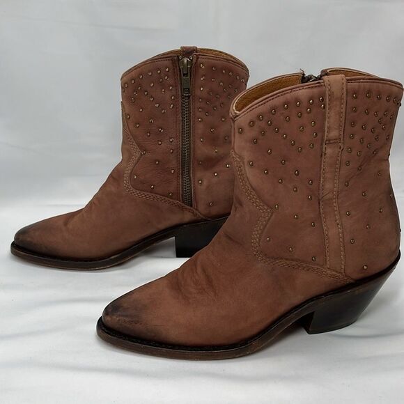 Discontinued Lucchese Brown Suede Ankle Zip Up Cowboy Boots with Studs - Picture 3 of 16